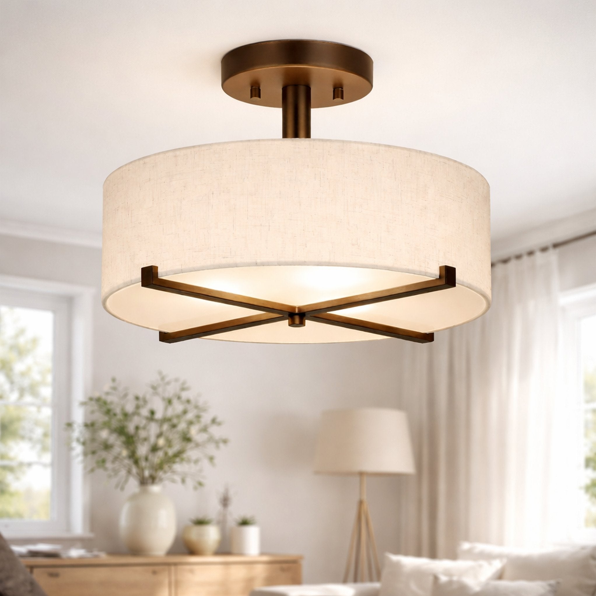 Flush Mount Ceiling Light for Warm Ambient Lighting with Fabric Drum Shade and Brass Finish
