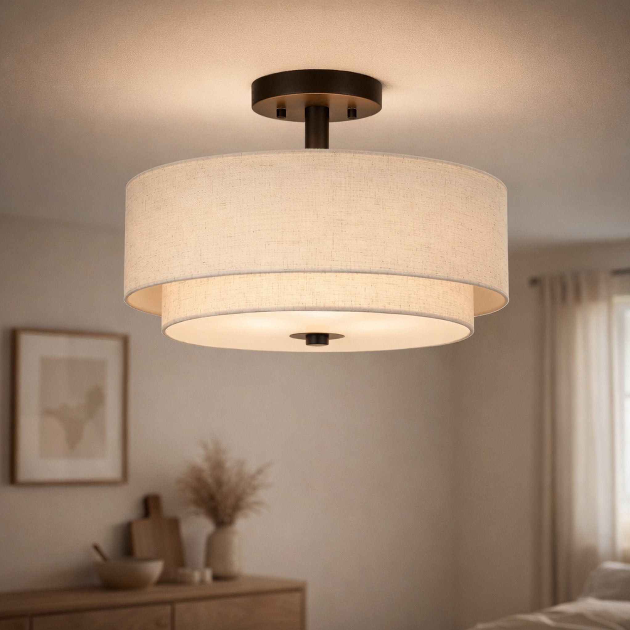 Flush Mount Ceiling Light for Warm Ambient Lighting, Fabric Drum Shade with Clean Modern Profile