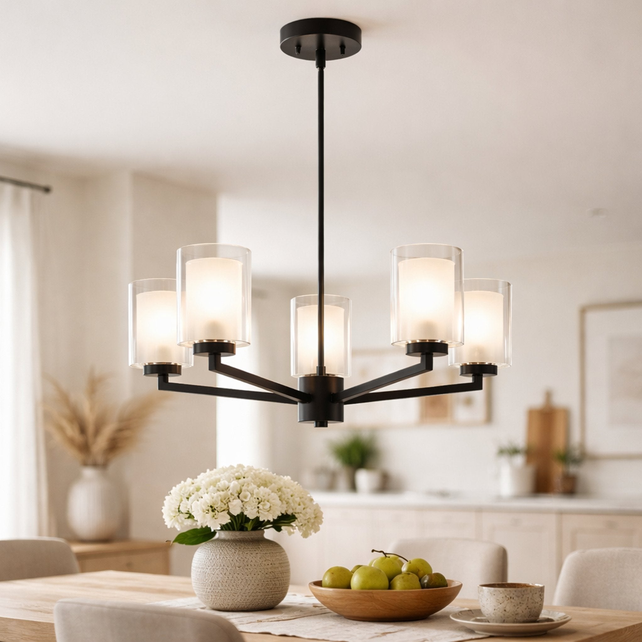 Modern 5-Light Chandelier for Dining Room Ambiance with Adjustable Height and Glass Shades
