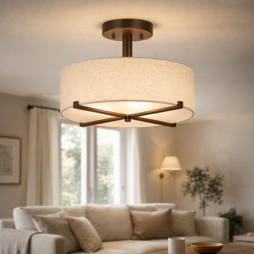 Flush Mount Ceiling Light for Warm Ambient Lighting with Fabric Drum Shade and Brass Finish