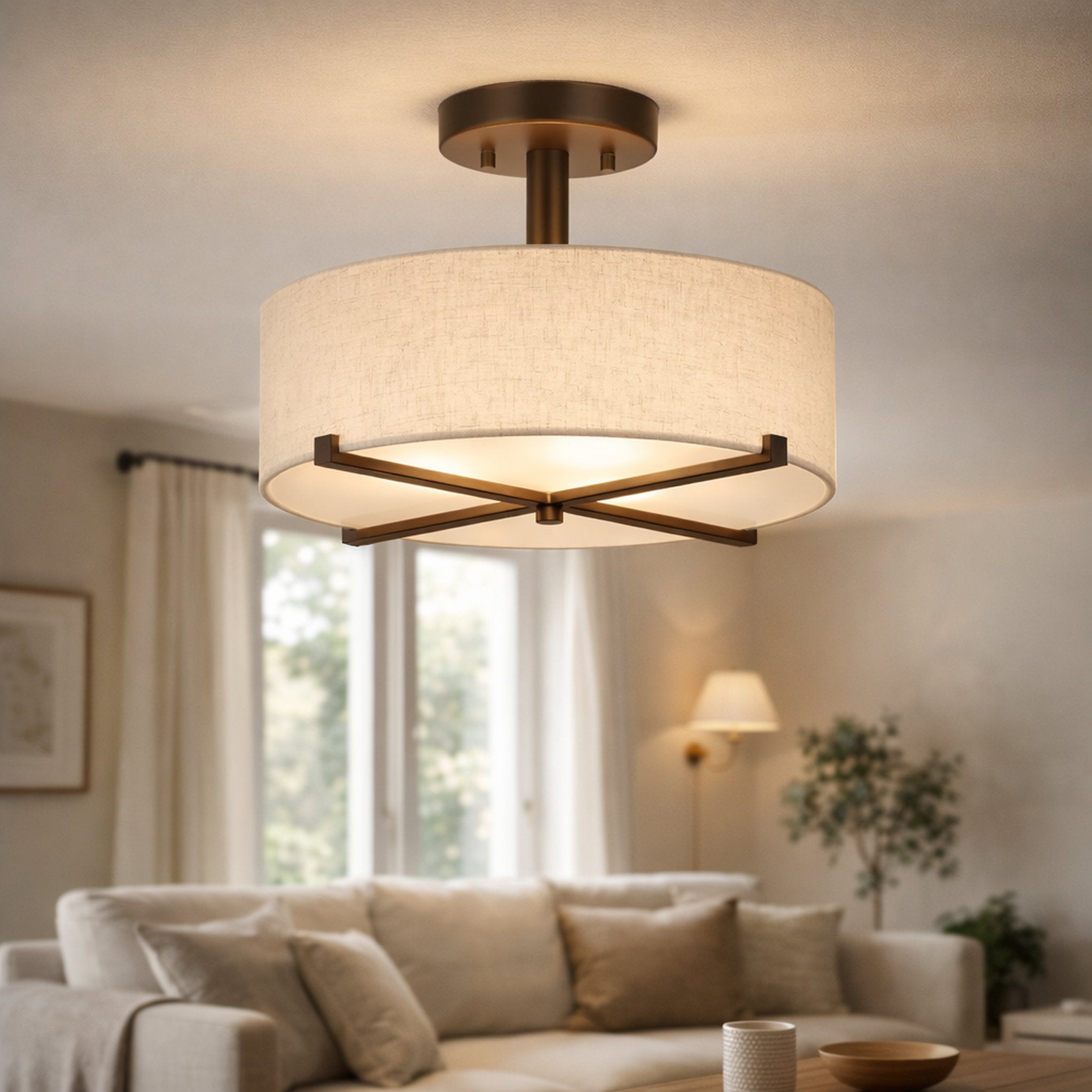 Flush Mount Ceiling Light for Warm Ambient Lighting with Fabric Drum Shade and Brass Finish