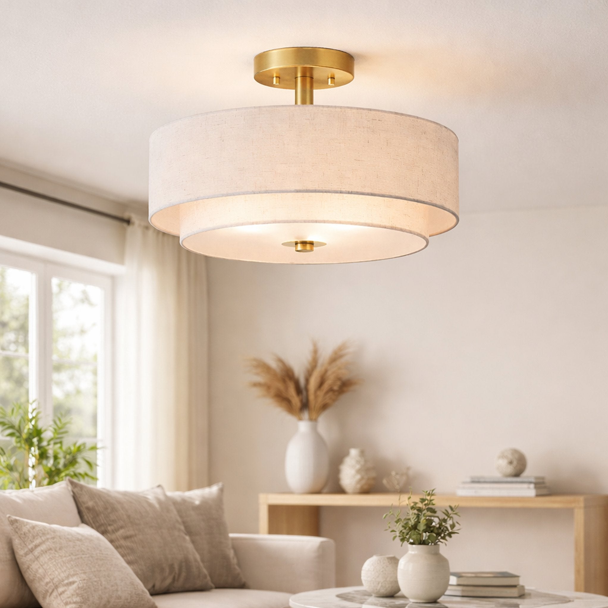 Flush Mount Ceiling Light for Warm Ambient Lighting, Fabric Drum Shade with Clean Modern Profile