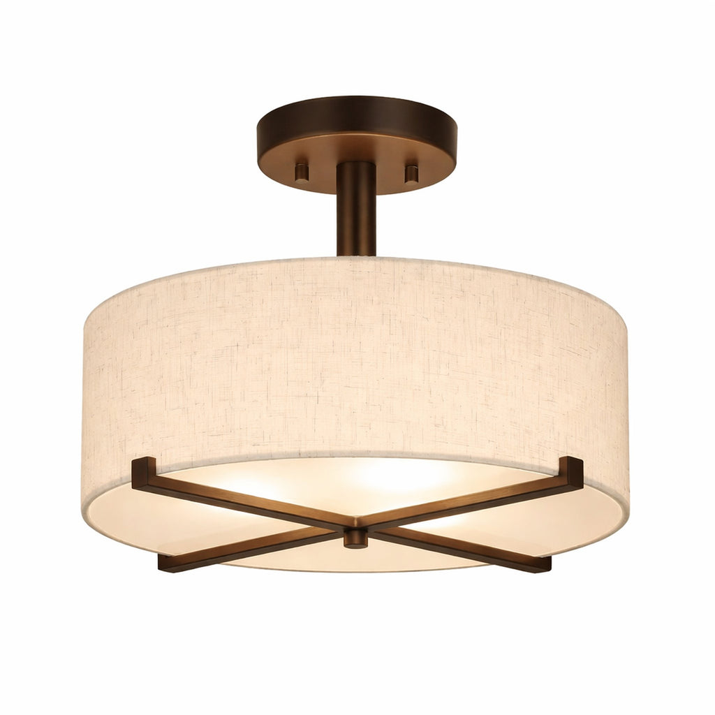 Flush Mount Ceiling Light for Warm Ambient Lighting with Fabric Drum Shade and Brass Finish