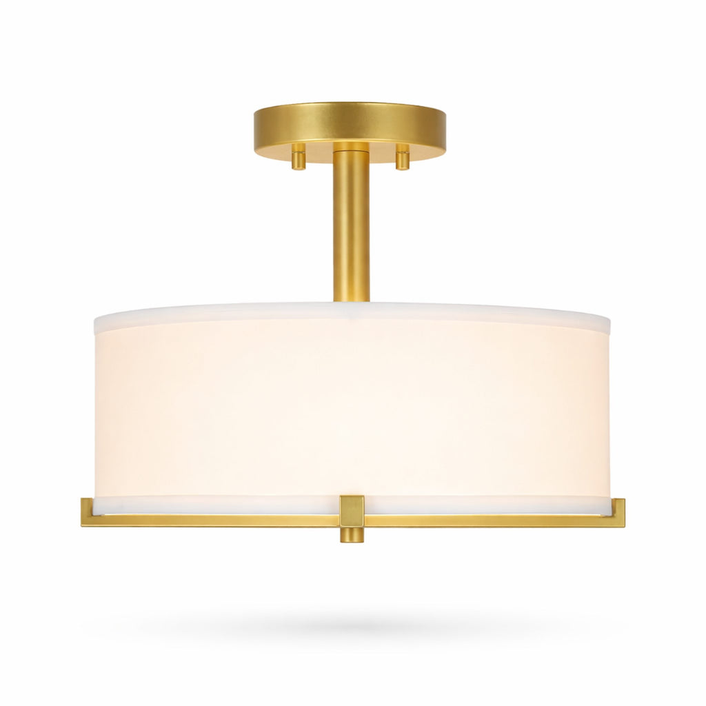 Flush Mount Ceiling Light for Warm Ambient Lighting with Fabric Drum Shade and Brass Finish