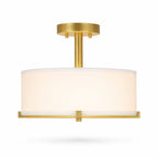Flush Mount Ceiling Light for Warm Ambient Lighting with Fabric Drum Shade and Brass Finish