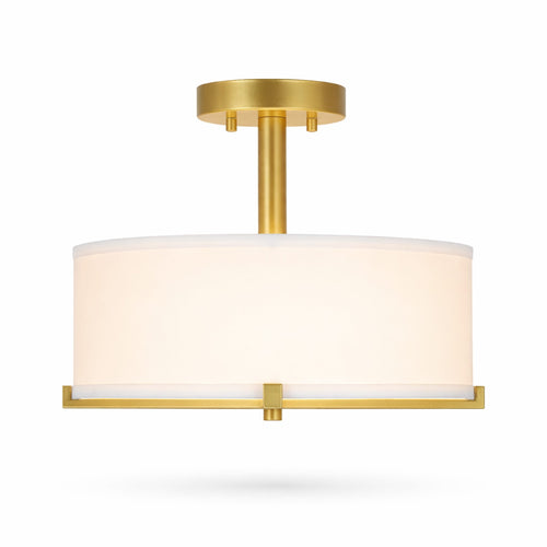 Flush Mount Ceiling Light for Warm Ambient Lighting with Fabric Drum Shade and Brass Finish