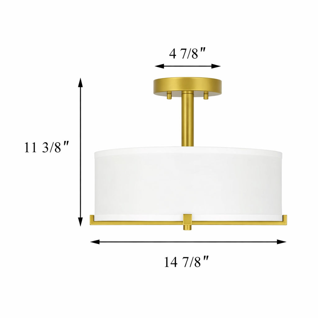 Flush Mount Ceiling Light for Warm Ambient Lighting with Fabric Drum Shade and Brass Finish